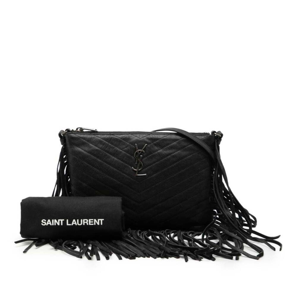 Saint Laurent YSL Logo Fringe Shoulder Bag 403396 Black Leather Women's SAINT... - Picture 7 of 7